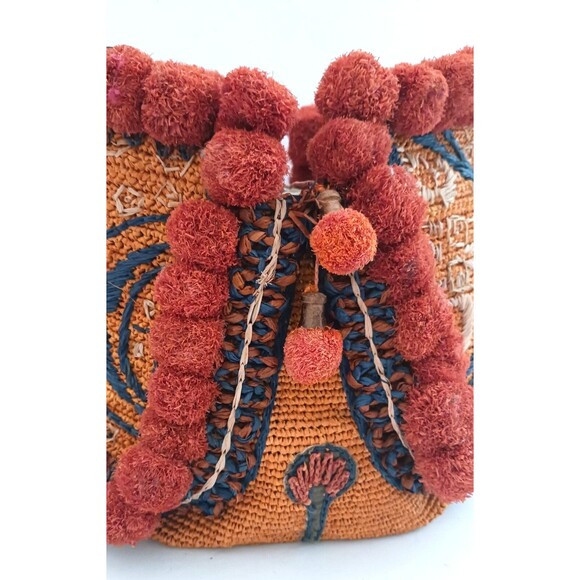 Bohemian Orange and Red Pom-Pom Shoulder Bag - Picture 2 of 16